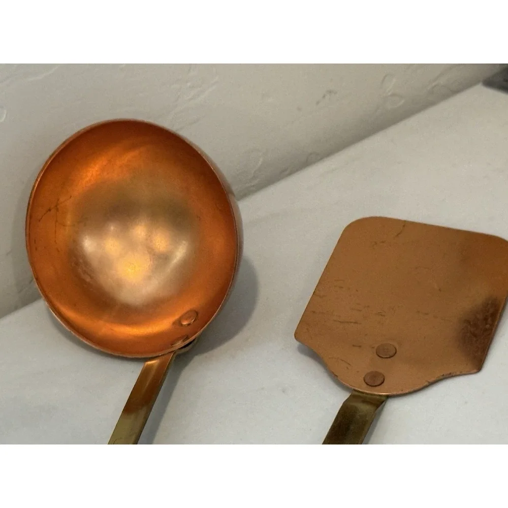 Vintage/Antique Solid Copper & Brass Handle 2pc Utensil Set w/ Hanging Loops